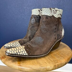Donald J. Pliner Brown Suede Ankle Booties with Cream Snake-Print Trim